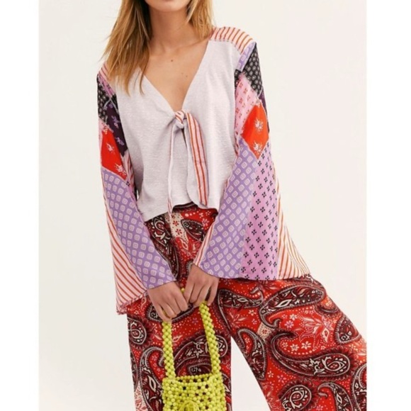 Free People Tops - Free People Pajama Party Boho Tie Front Patchwork Patterned Sleeves Small